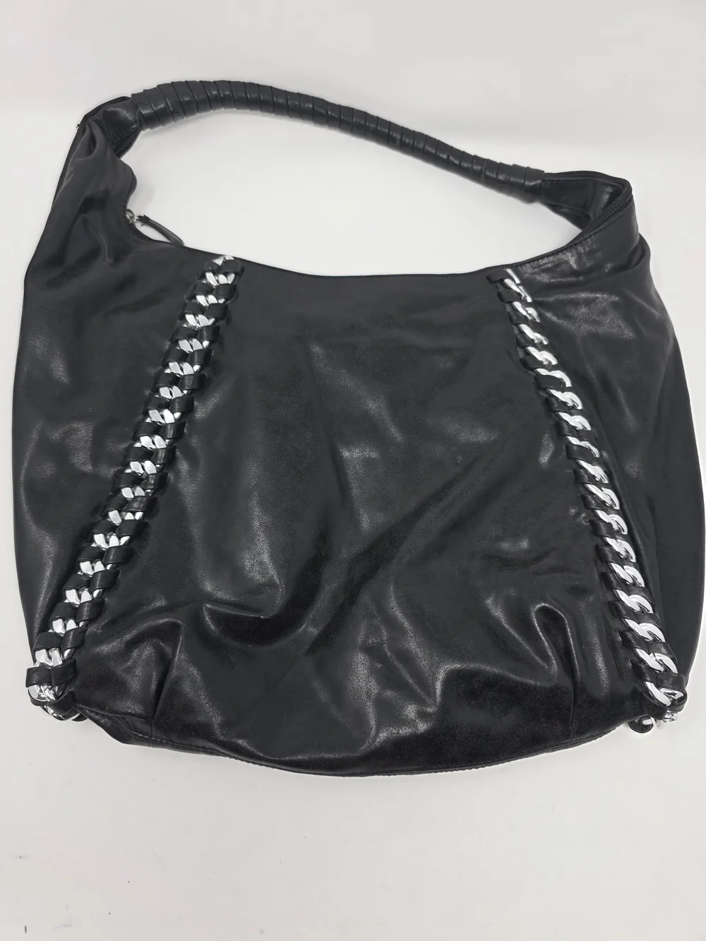 Metaphor Black Faux Leather Hobo Shoulder Bag Silver Chain Trim Y2K Moto Purse